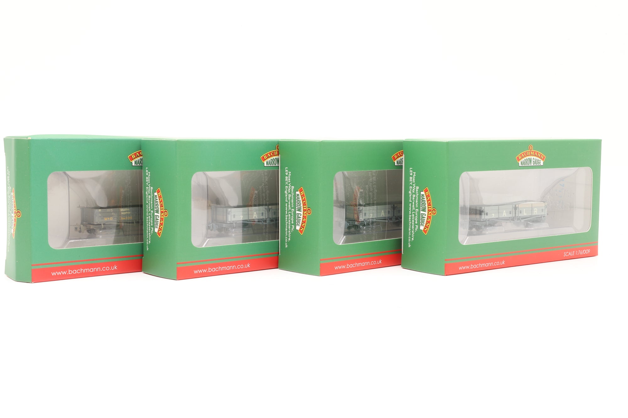 Bachmann OO9 Rake of 4x Ashover/WD Open Bogie Wagons – Weathered