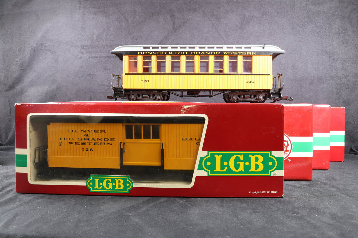 LGB G Rake of 5 D&amp;RGW Coaches, Inc. 3084, 30810, 38610 &amp; 2 x 30805