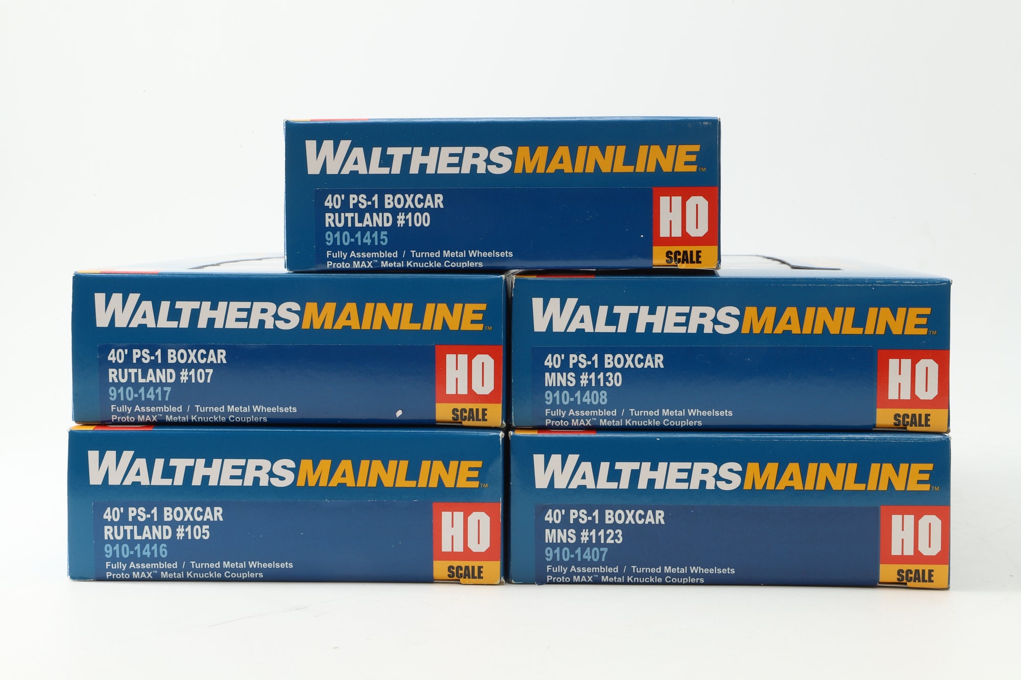 Walthers HO Rake of 5 40' MNS & Rutland PS-1 Boxcars, Inc. 910-1407, 1408, 1415 & 1416