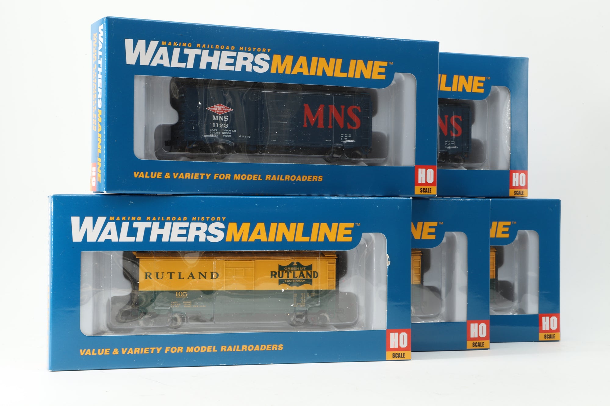 Walthers HO Rake of 5 40' MNS & Rutland PS-1 Boxcars, Inc. 910-1407, 1408, 1415 & 1416