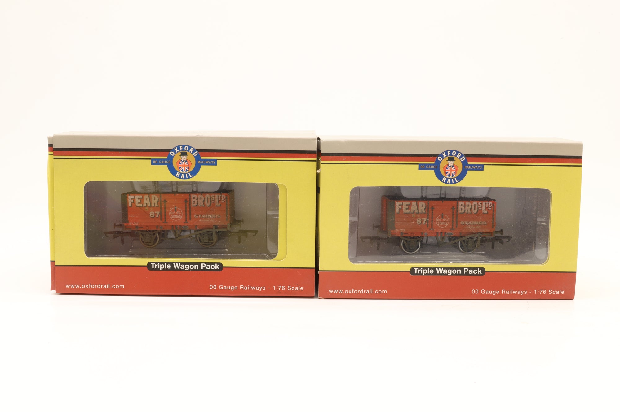 Oxford OO OR76MW7029 x2 6 Pack of Fear Bros/Leamington/Welford 7-Plank Wagons – Weathered