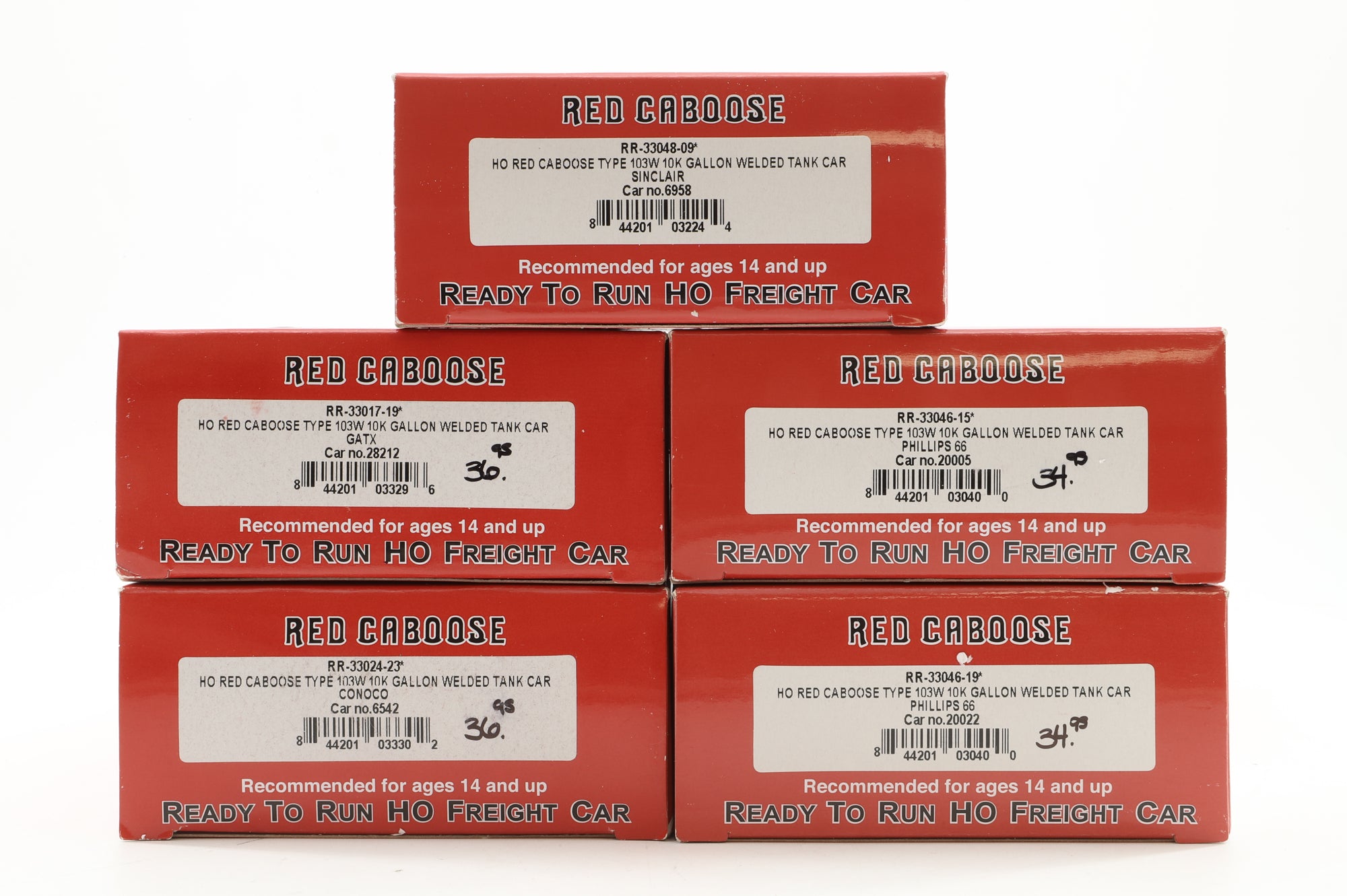 Red Caboose HO Rake Of 5 10k Gallon Welded Tank Cars Inc.  RR-33017-19, RR33024-23, RR33048-09, RR33046-15 & RR33046-19