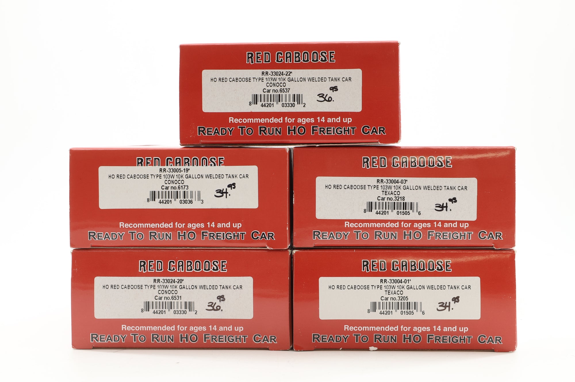 Red Caboose HO Rake Of 5 10k Gallon Welded Tank Cars Inc. RR-33004-03, RR33004-01, RR33024-22, RR3005-19 & RR33024-20
