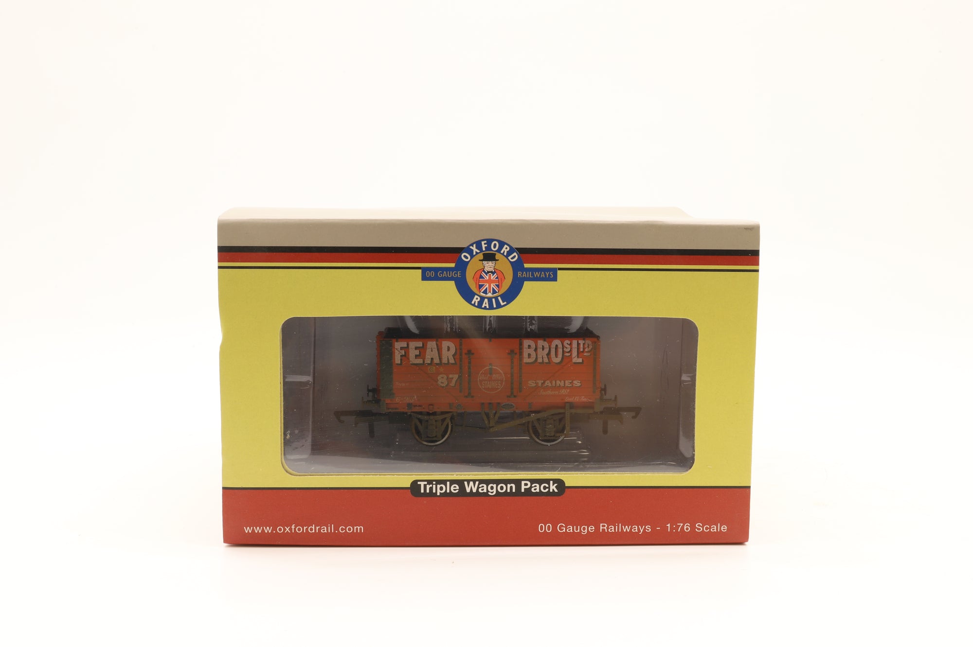 Oxford OO OR76MW7029 Triple Pack of Fear Bros/Leamington/Welford 7-Plank Wagons – Weathered