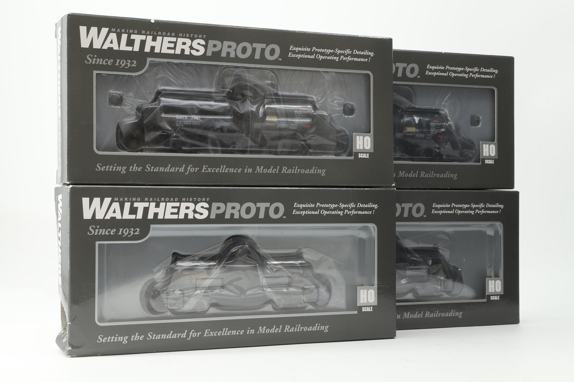 Walthers Proto HO 2 x 40' Trinity 14,000 Gallon Molten Sulfur Tank Cars & 2 x Type 21 ACF 10,000 Gallon Tank Cars, Inc.920-100041 & 42 & 100527 & 528