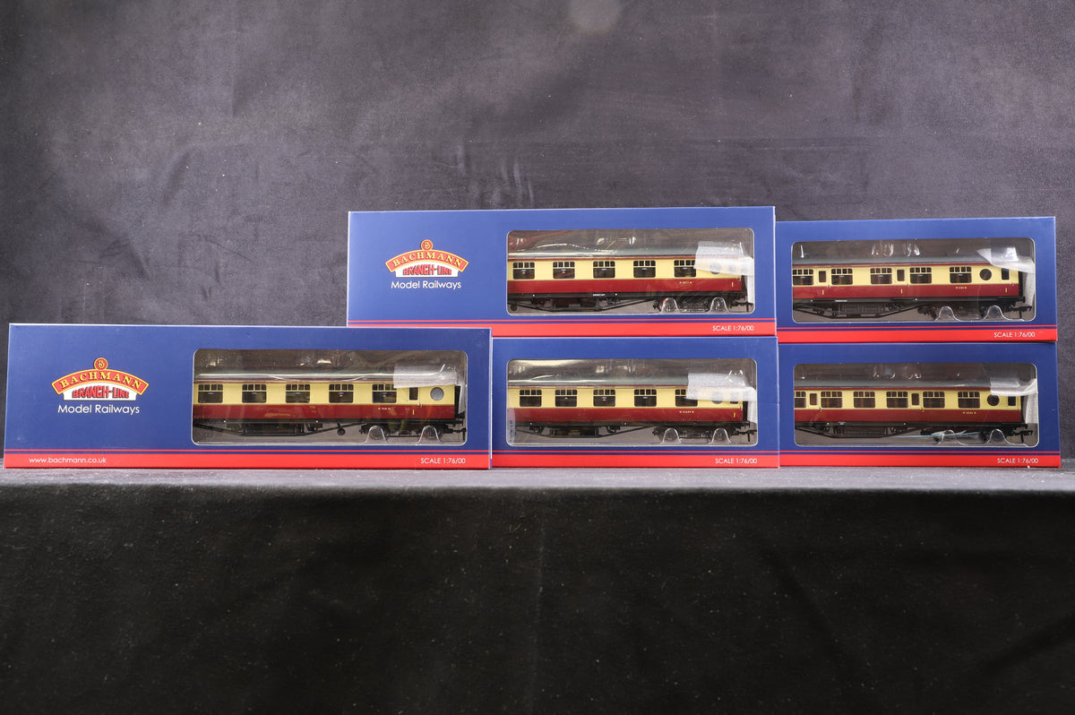 Bachmann OO Rake Of 5 LMS 57/60ft Porthole Crimson &amp; Cream Coaches Inc. 39-450/ 455/465/470/475