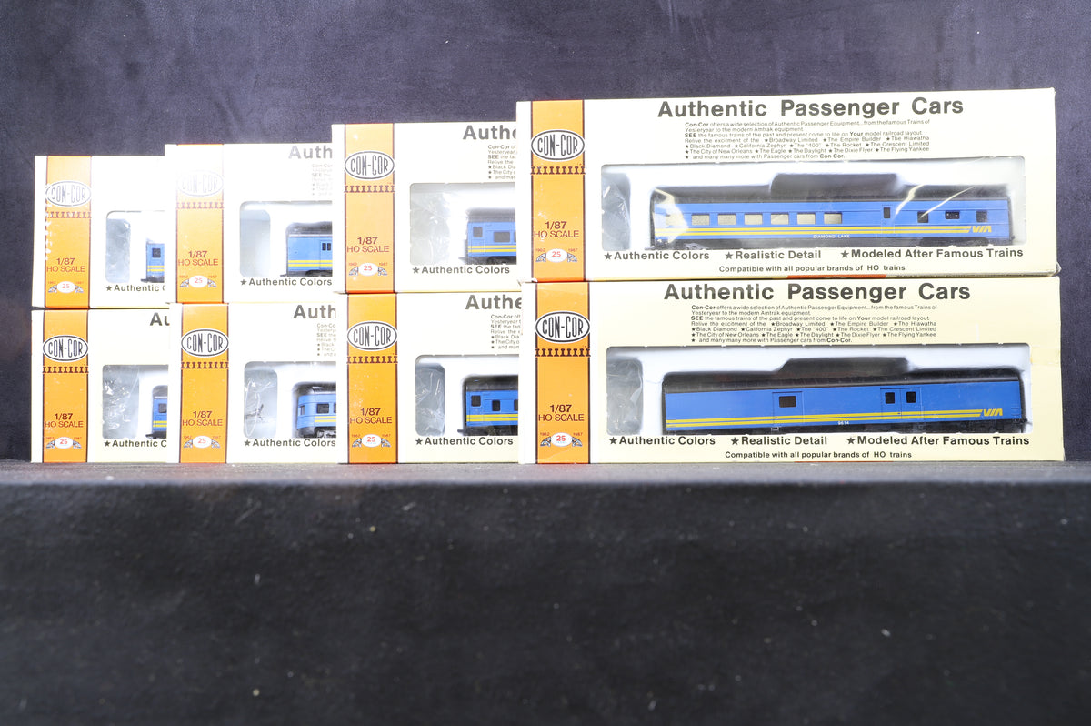 Con-Cor HO Rake of 8 72Ft VIA Rail Canada Coaches, Inc. #0001-000932, 52, 72, 92, 1012, 1032 &amp; 2 x 0912