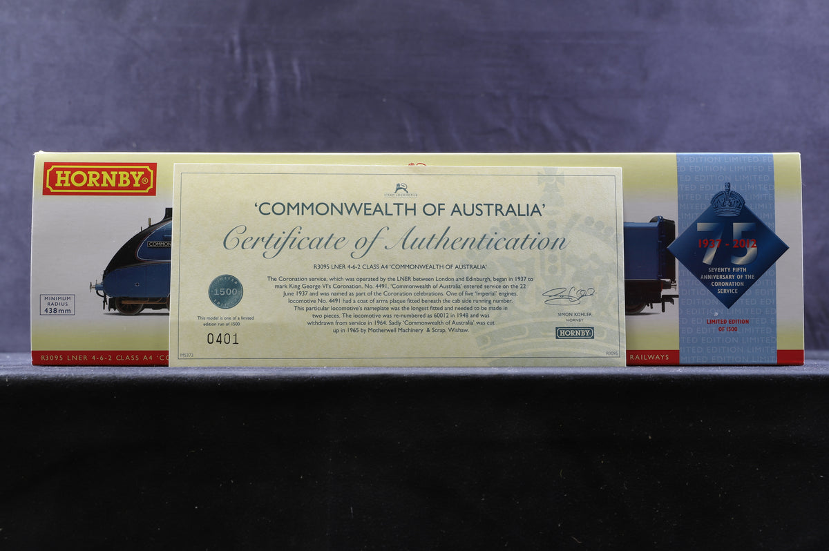 Hornby OO R3095 Class A4 &#39;4491&#39; &#39;Commonwealth of Australia&#39; 75th Anniversary of The Coronation Train, Ltd Ed 401/1500