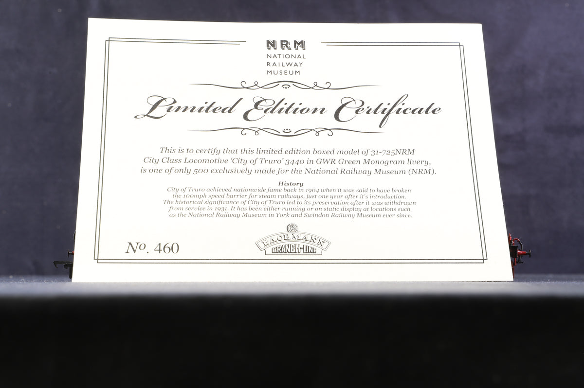 Bachmann OO 31-725NRM City Cl. &#39;3440&#39; &#39;City of Truro&#39; GWR Monogram, NRM Excl. Ltd 460/500, Platinum Collection