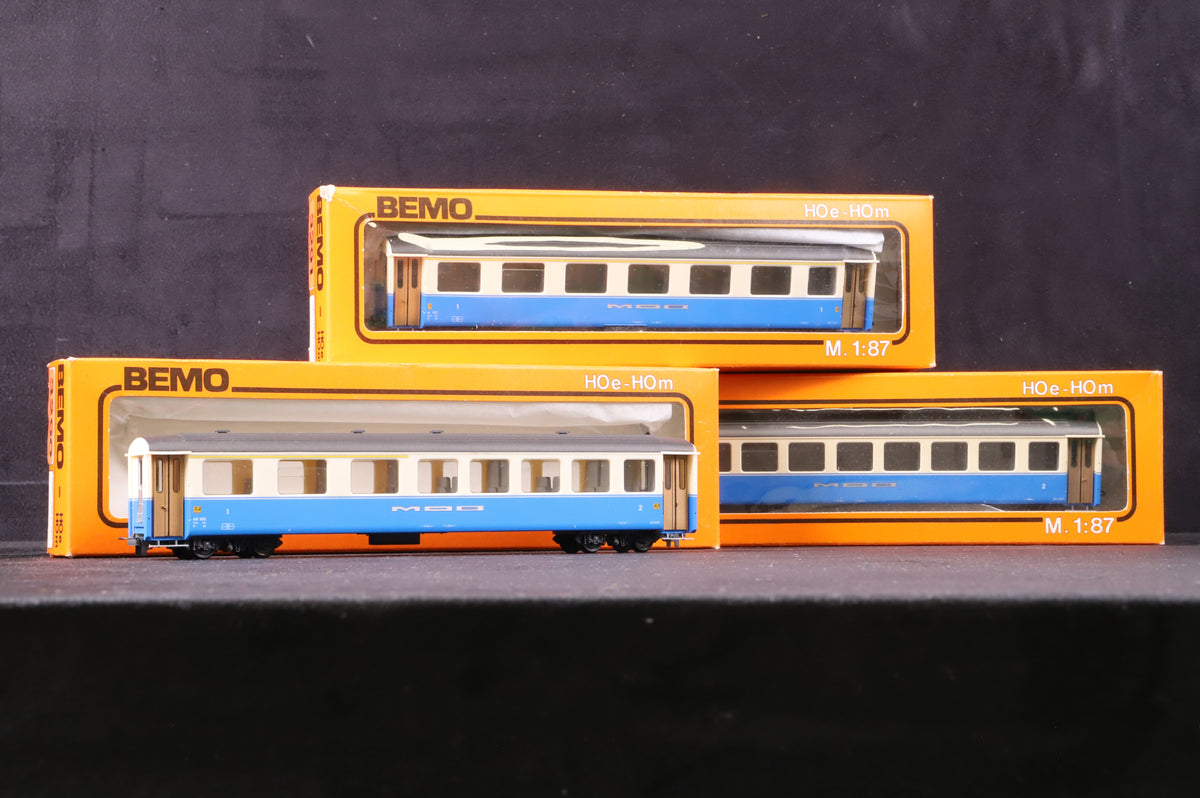 Bemo HOe-HOm Rake Of 3 MOB Blue &amp; Cream Coaches Inc. 3290, 3291 &amp; 3292