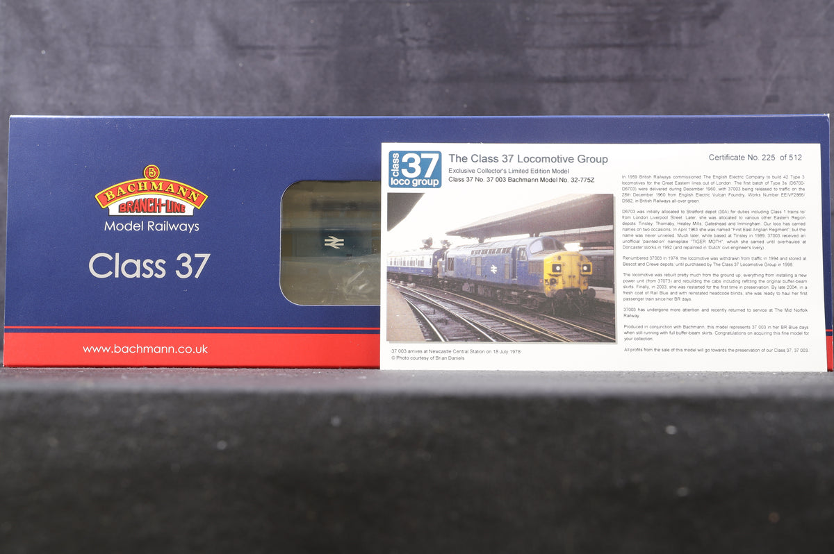 Bachmann OO 32-775Z Class 37/0 &#39;37003&#39; BR Blue Excl. The Class 37 Locomotive Group Ltd Ed 225/ 512