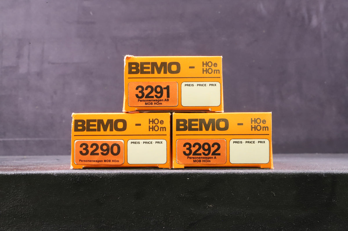 Bemo HOe-HOm Rake Of 3 MOB Blue &amp; Cream Coaches Inc. 3290, 3291 &amp; 3292