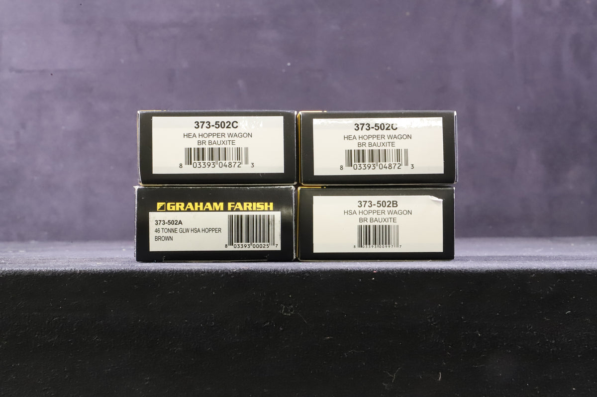 Graham Farish N Rake Of 4 HEA/ HSA Hopper Wagons BR Bauxite Inc. 373-502A, 502B &amp; 502Cx2