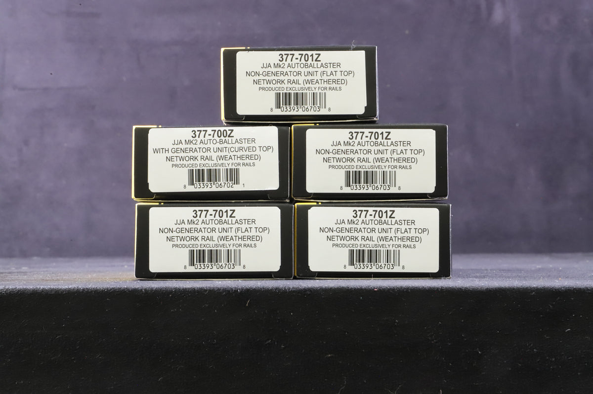 Graham Farish N 377-700Z &amp; 701Z Rake Of 5 JJA Mk2 Autoballaster Wagons Network Raio Weathered