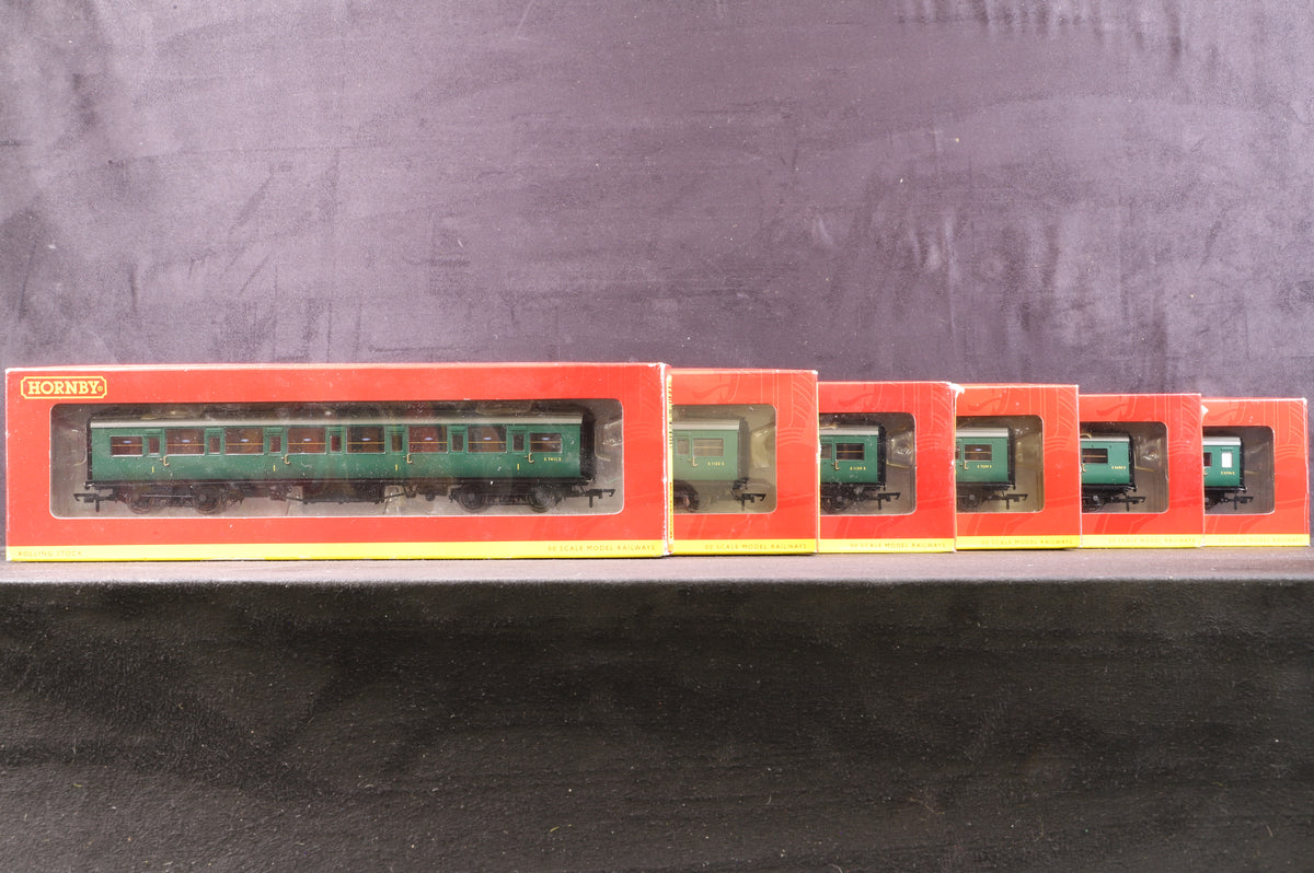 Hornby OO Rake of 6 BR Green Maunsell Coaches, Inc. R4305E, R4303D, R4302A &amp; E, R4304E &amp; R4303B