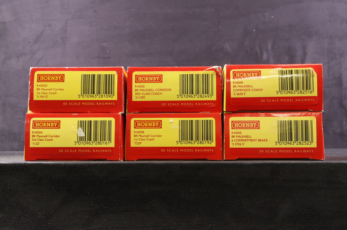 Hornby OO Rake of 6 BR Green Maunsell Coaches, Inc. R4305E, R4303D, R4302A &amp; E, R4304E &amp; R4303B