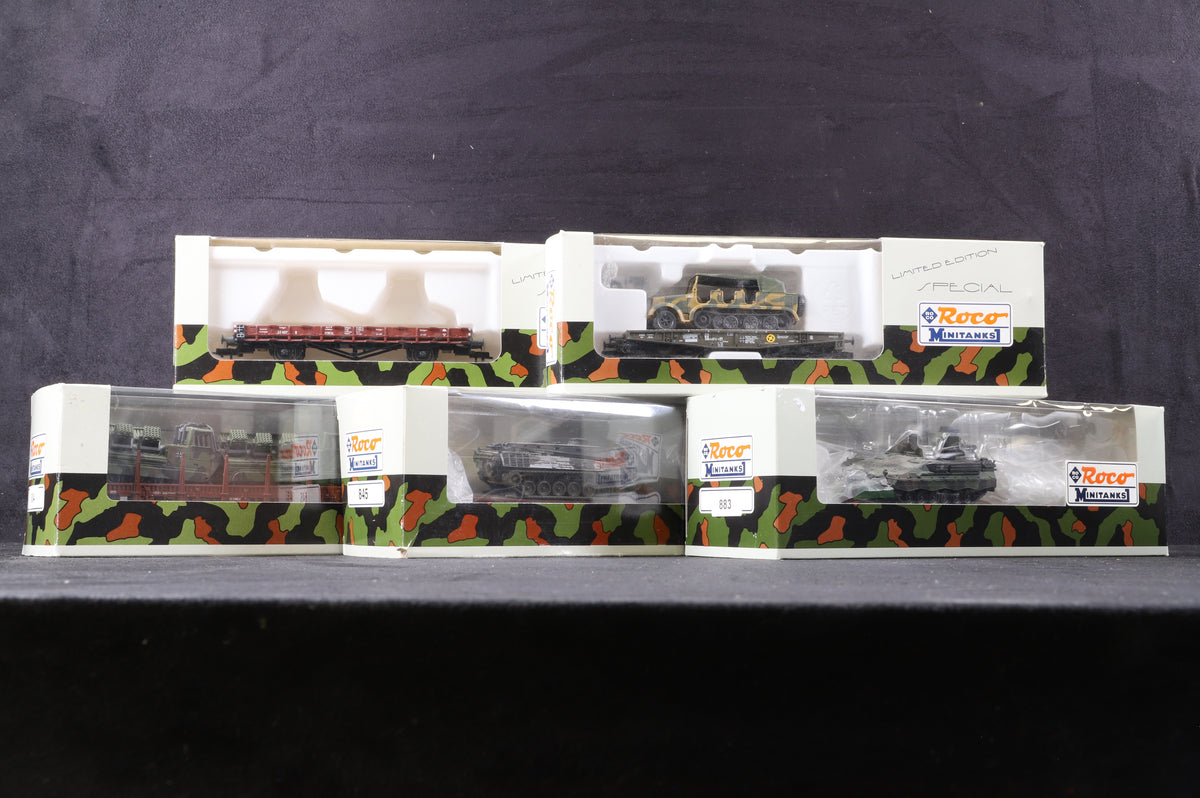 Roco HO Rake Of 5 Mixed Military Wagons &amp; Loads Inc. 839, 883, 890, 884 &amp; 845