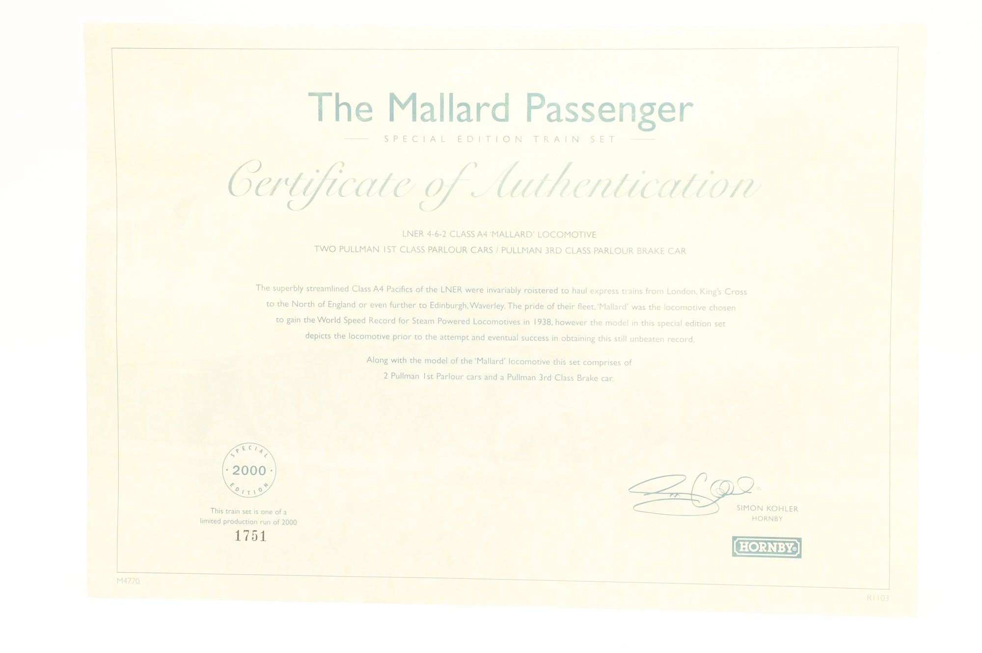 Hornby OO LNER Class A4 'Mallard' '4468' Two Pullman First Class Parlour Cars & Pullman 3rd Class Parlour Brake