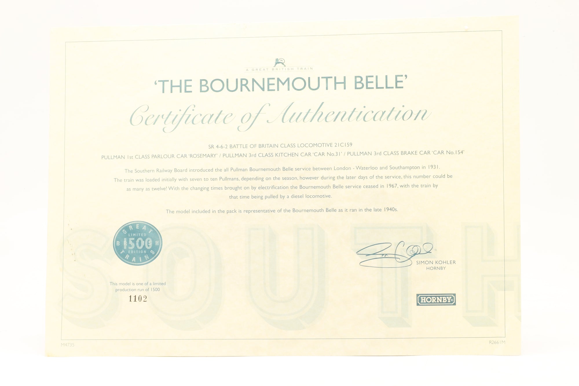 WORKSHOP Hornby OO R2300 'Bournemouth Belle' Train Pack 1102/1500