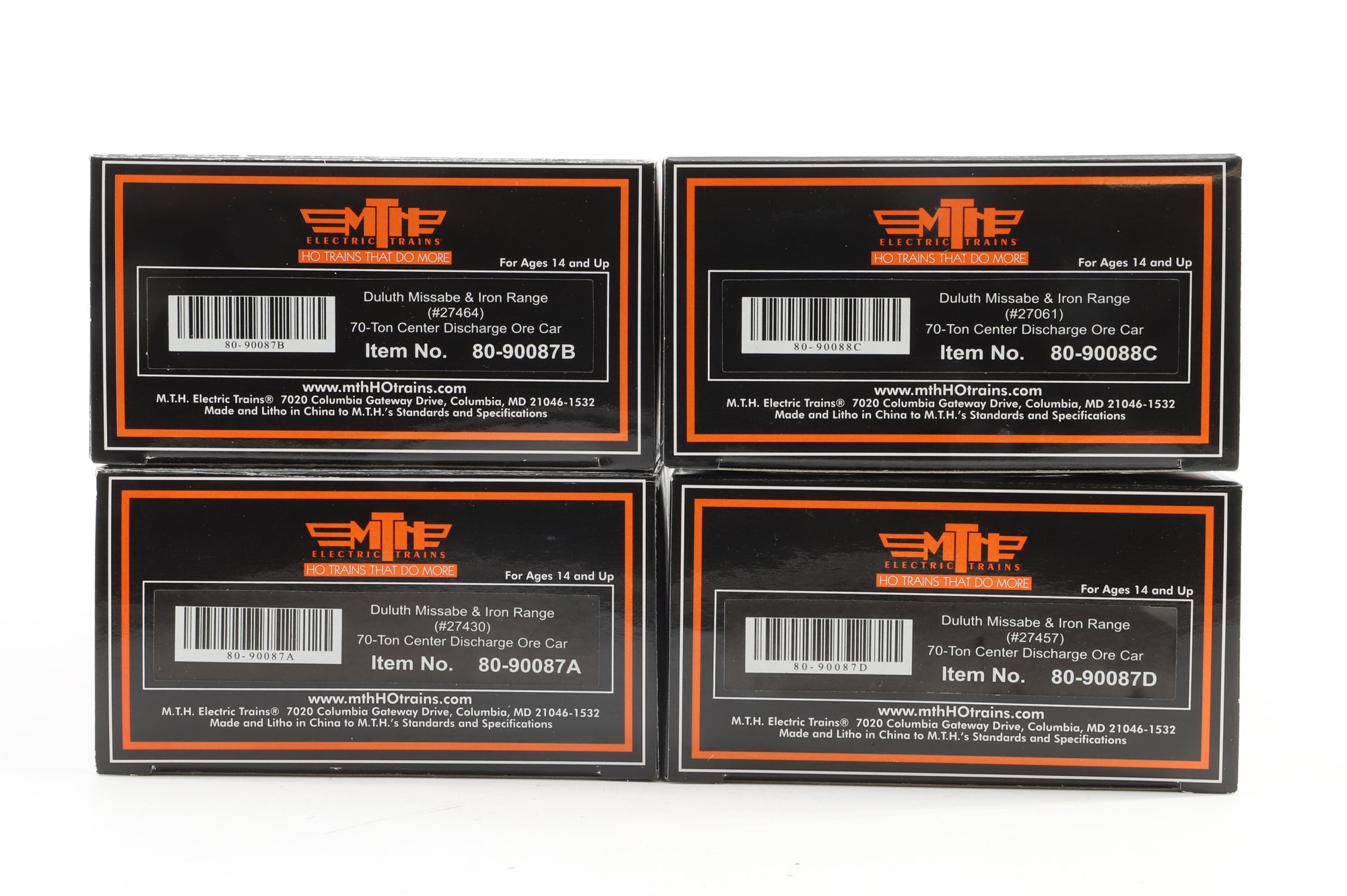 MTH HO Rake of 4 70T Centre Discharge Ore Cars in DMIR Livery