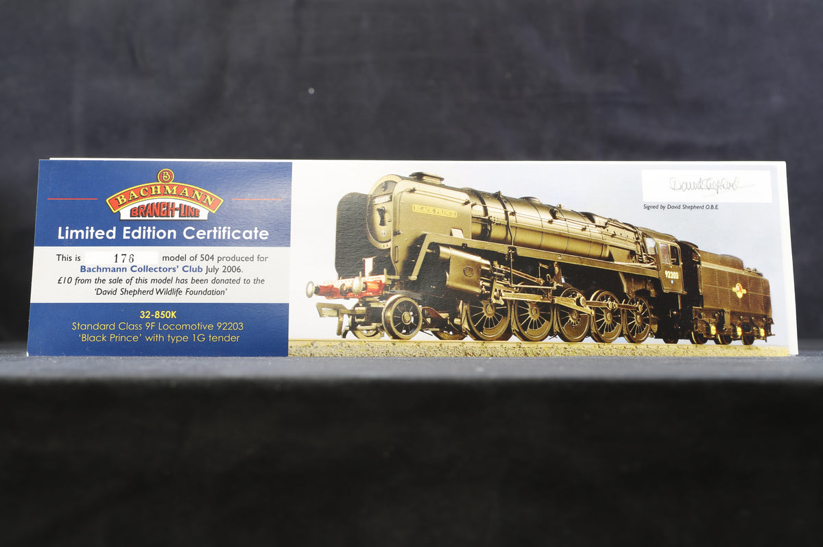 Bachmann 32-850K Standard Class 9F Locomotive &#39;92203&#39; With Type 1G Tender &#39;Black Prince&#39; Ltd Ed 176/ 504