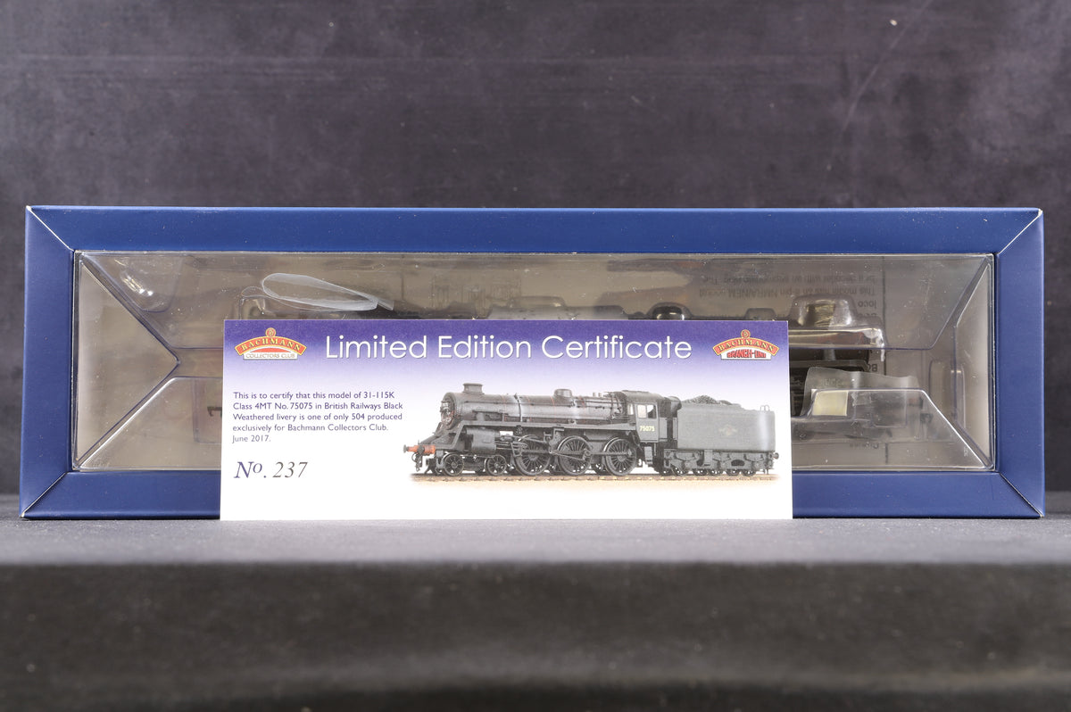 Bachmann OO 31-115K Standard Class 4MT &#39;75075&#39; BR Black L/Crest, Weathered, Collectors Club Excl. 237