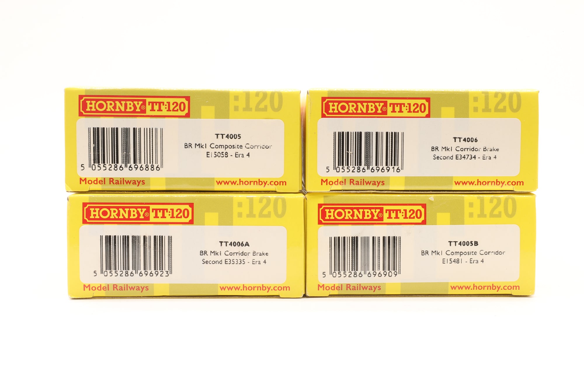 Hornby TT Rake of 4 BR Mk1 Blood & Custard Coaches