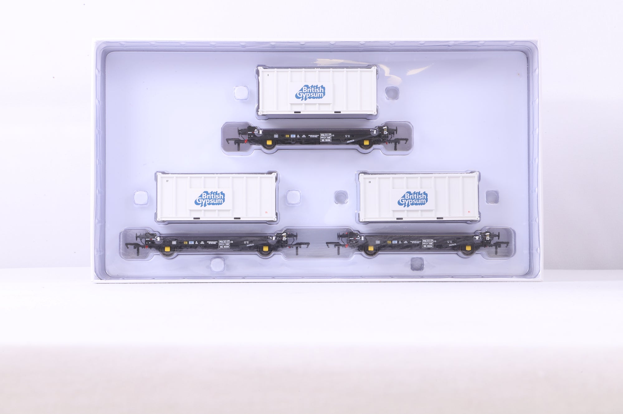 Accurascale OO ACC2075-GYP-U Triple Pack of PFA Container Flat Wagons w/ 'British Gypsum' Loads