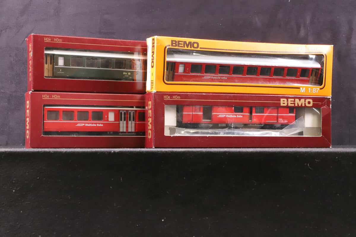 Bemo HOe/ HOm Rake Of 4 RhB Red &amp; Green Coaches Inc. 3250104, 3284126, 2280109 &amp; 3250122
