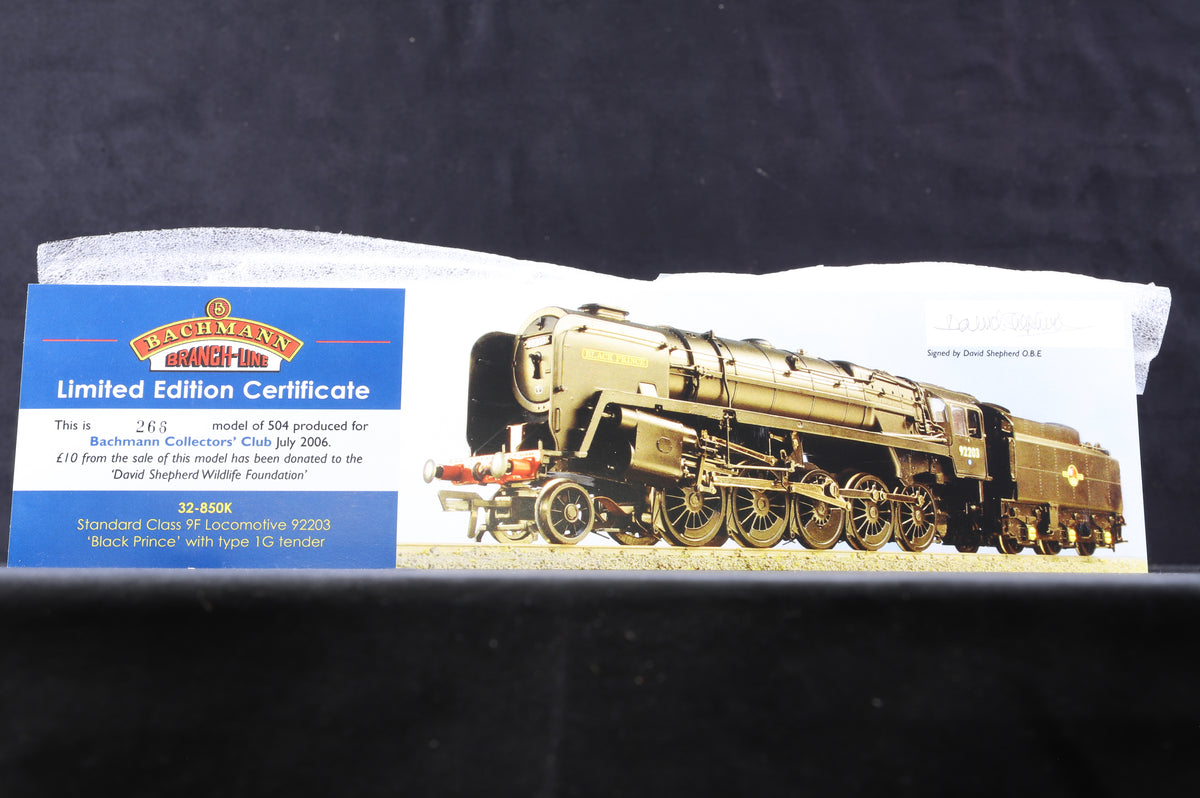 Bachmann OO 32-850K Standard Class 9f &#39;92203&#39; &#39;Black Prince&#39; BR Black L/C BR1G Tender Ltd Ed 266/ 504