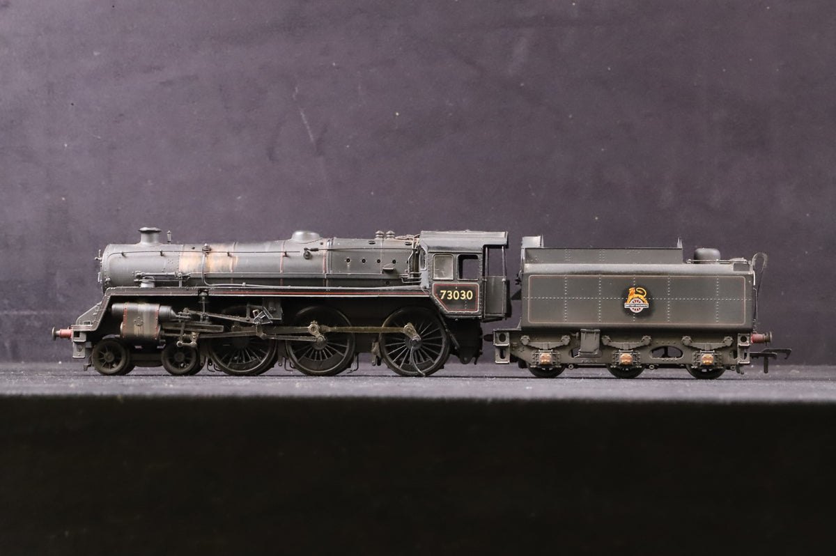 WORKSHOP Bachmann OO 32-503 Standard Class 5MT 73030 in BR Black w/ BR1 Tender, W/H Pump &amp; Early Crests - Heavily Weathered