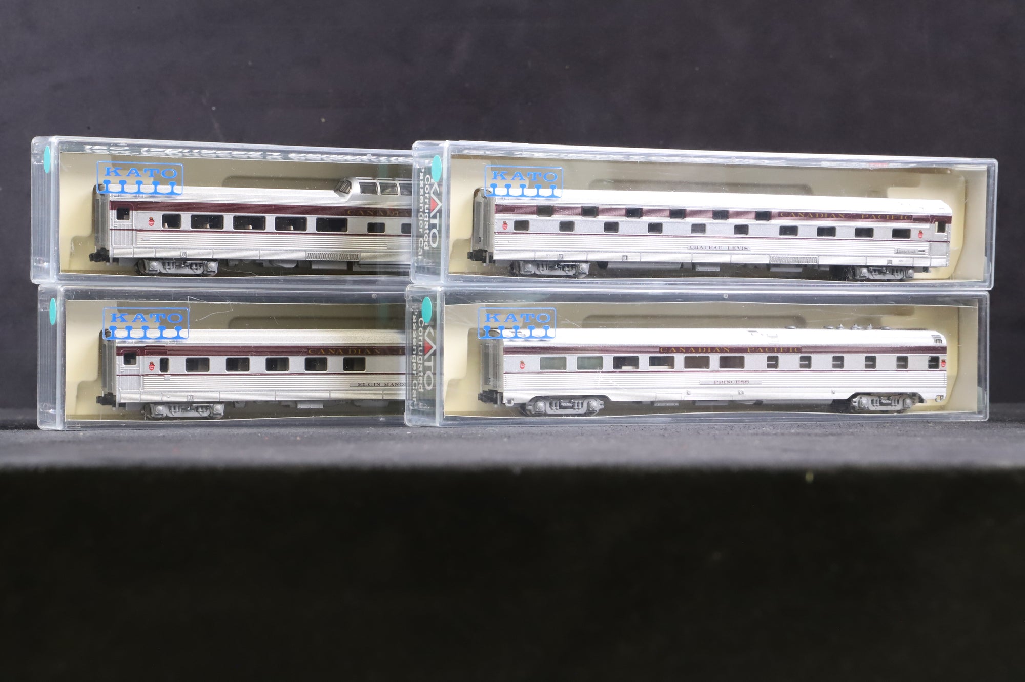 Kato N Gauge Rake of 4 Corrugated Passenger Cars in Canadian Pacific Livery