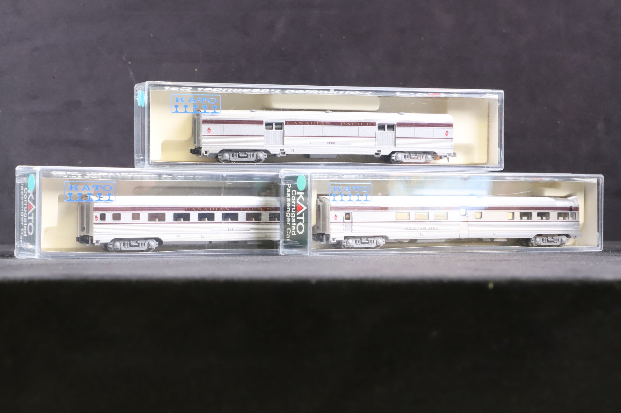 Kato N Gauge Rake of 3 Corrugated Passenger Cars in Canadian Pacific Livery