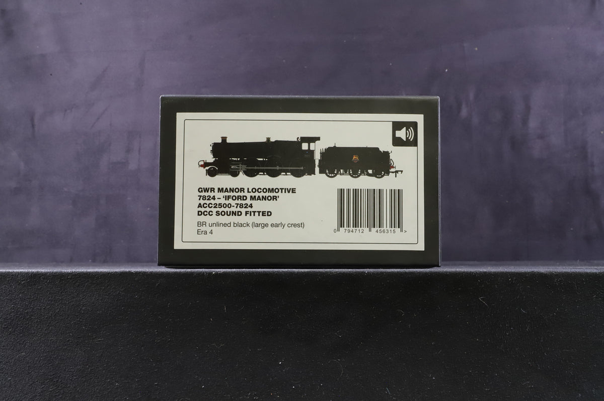 Accurascale OO ACC2500-7824 GWR Manor &#39;7824&#39; &#39;Iford Manor&#39; BR Unlined Black (Large E/Crest) Era 4, DCC Sound