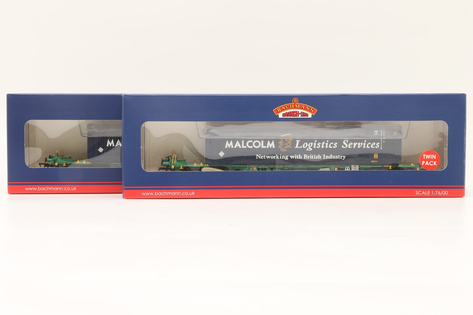 Bachmann OO 37-304 Twin Pack Intermodal Bogie Wagon C/W 45ft Container Malcolm Logistics
