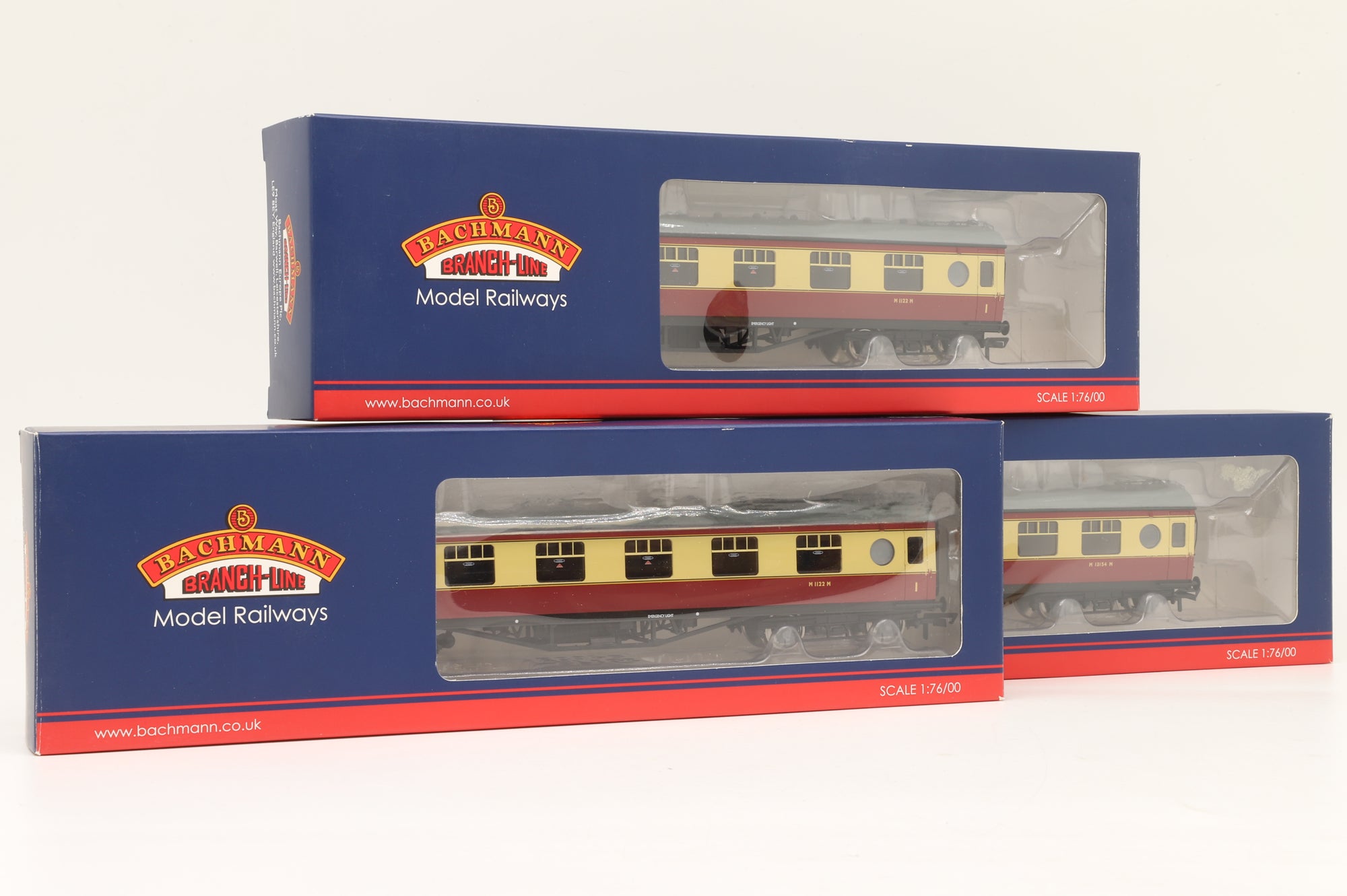 Bachmann OO Rake Of 3 LMS 57ft Porthole BR Crimson & Cream Coaches Inc. 39-450 & 39-455 x2