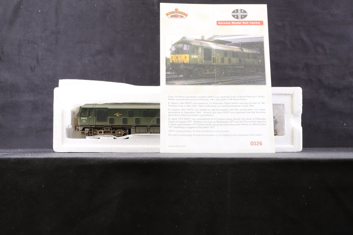 Bachmann OO 32-425Y Type 2/ Class 24 Diesel Locomotive &#39;D5072&#39; BR Two Tone Green, Weathered Excl. Kernow M.R.C Ltd Ed26/512