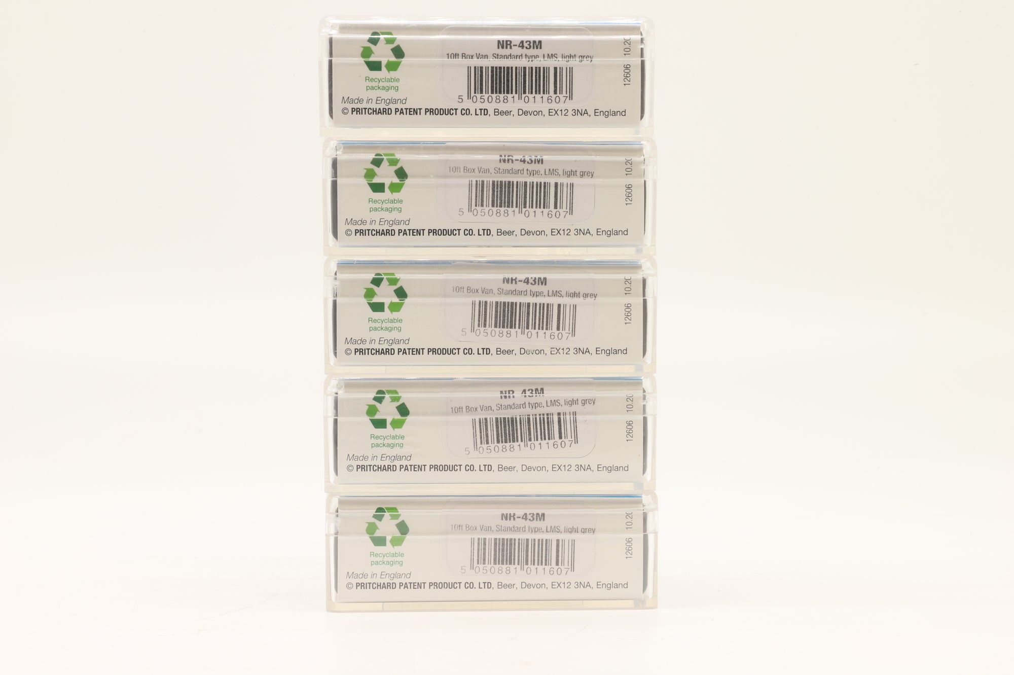 Peco N NR-43M Rake Of 5 10ft Box Vans Standard Type LMS Light Grey