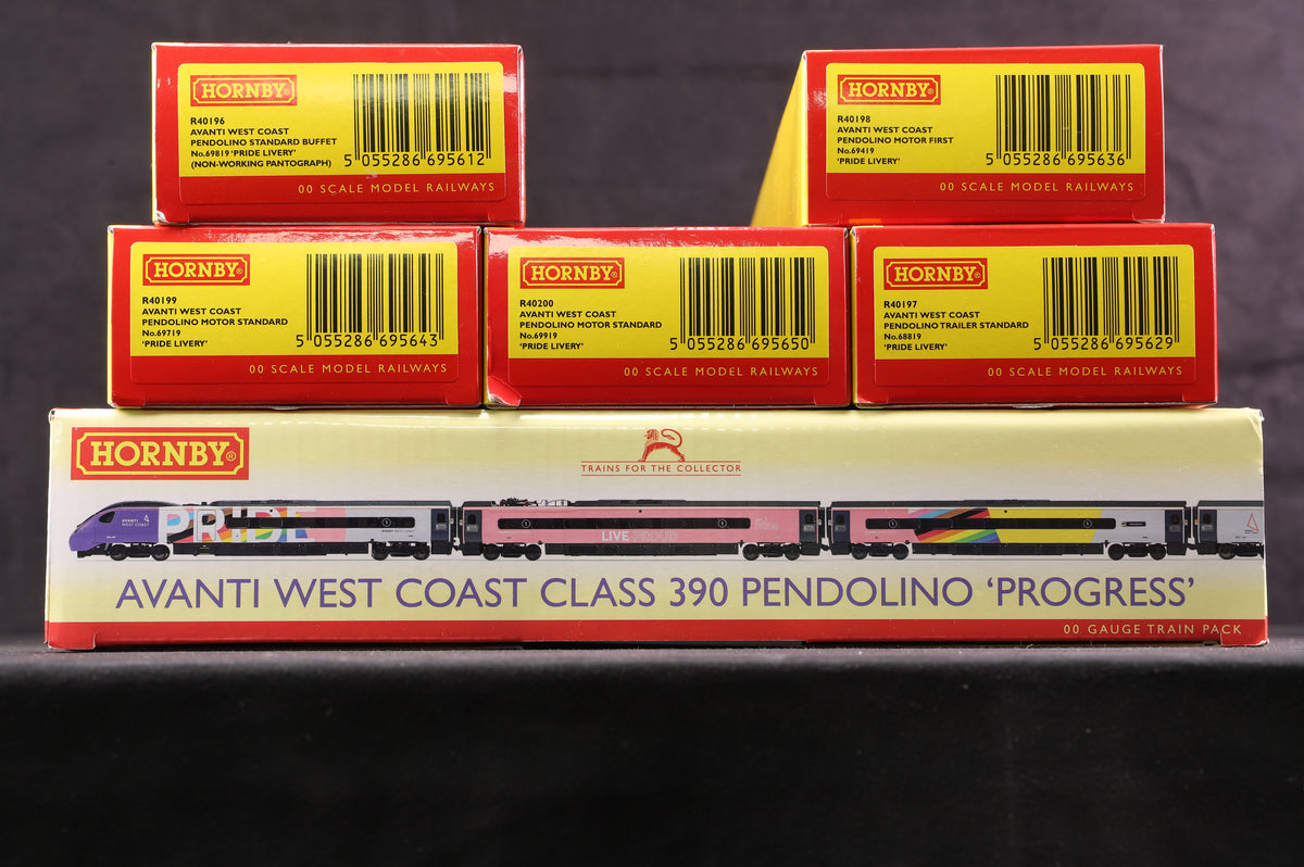 Hornby OO R30081 Avanti West Coast Cl. 390 Pendolino Pride Train Pack &#39;390119&#39; &#39;Progress&#39; - Complete 9 Car Set